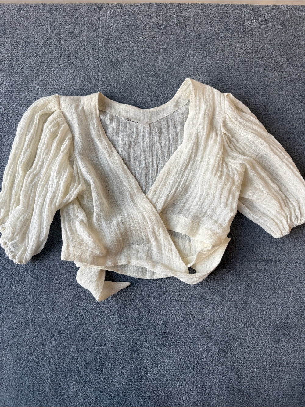 Lisa Marie Fernandez Cream Crinkled Wrap Blouse with Puff Sleeves